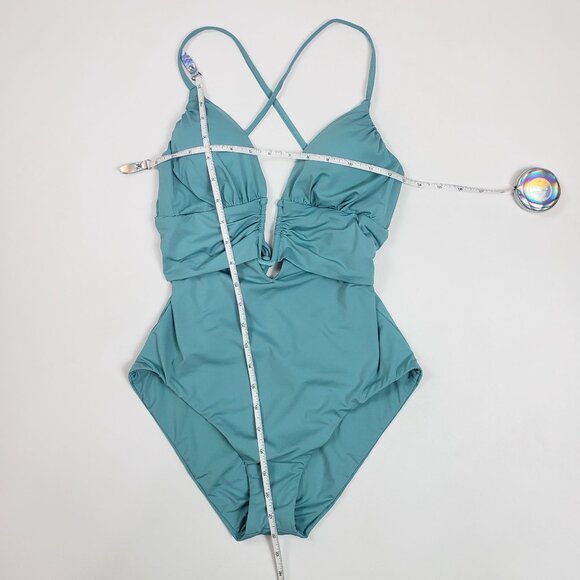 Becca Bristol Plunge One-Piece Cutout Crisscross Swimsuit Mineral Blue Size S - Picture 8 of 16